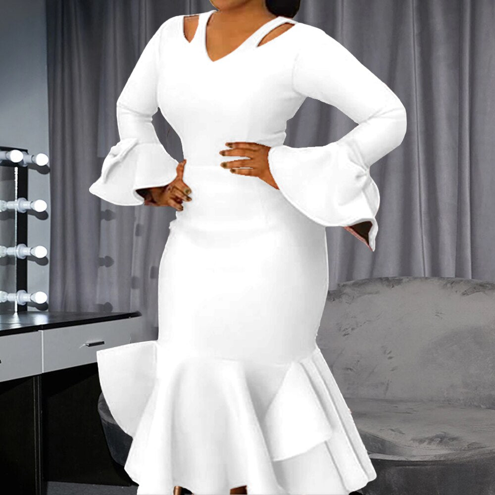 vmtvr Women Bodycon Party Dress Long Flare Sleeves Cold Shoulder Ruffles Bowtie Elegant Slim Evening Birthday Event Robes Female 4XL