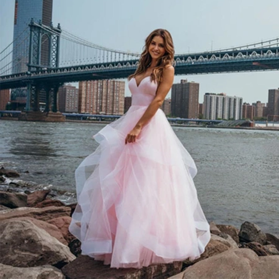 vmtvr - Evening Gowns for Wedding Women Pink Deep V Neck Suspenders Party Dresses Tulle Floor Length Elegant Black Bridal Prom Dresses