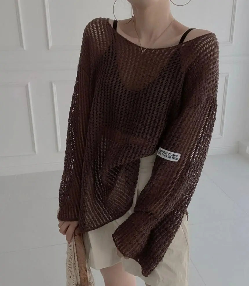 vmtvr Long Sleeve T-shirt Women Summer Thin Section Hollow Ice Silk Knit Sunscreen Coverall Korean Loose Tops