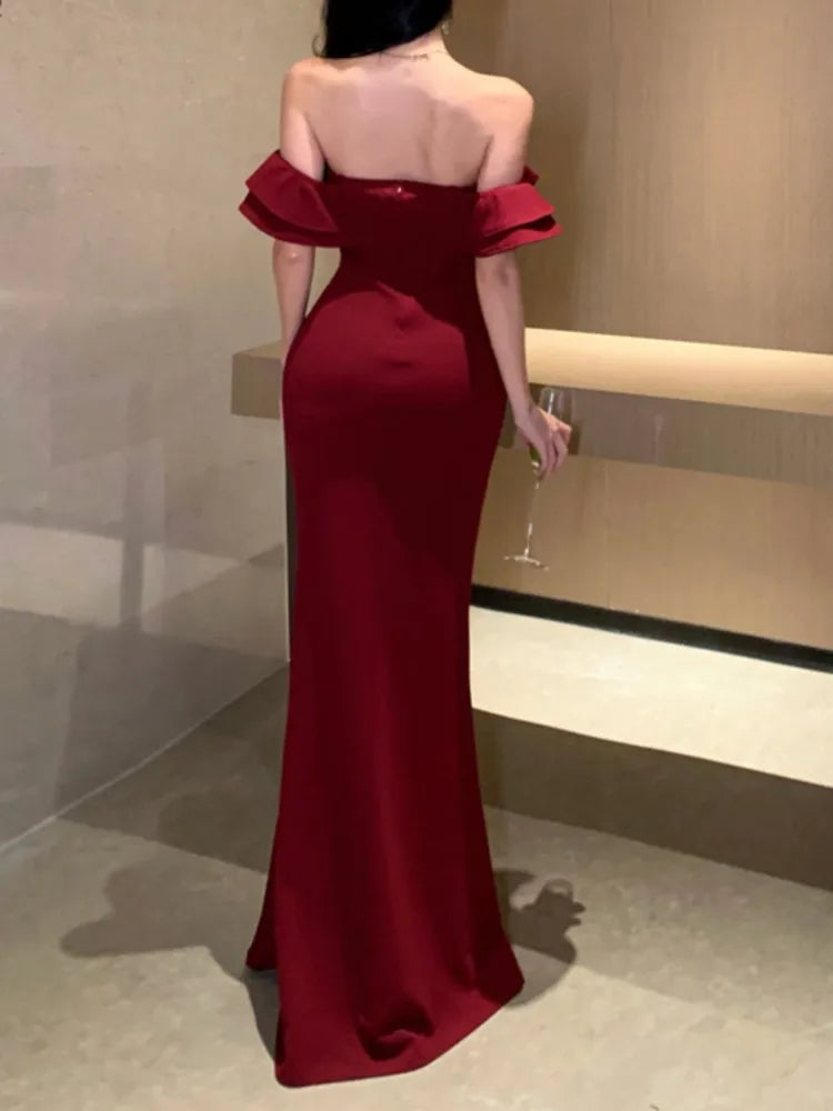 vmtvr Sexy Bodycon Long Dresses for Women Wedding Evening Party Prom Robe Ruffles Slash Neck High Split Hollow Out Summer New Vestido