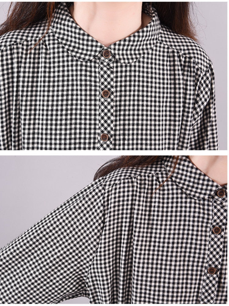 vmtvr - Dresses for Women Loose Stitching Cotton and Linen Plaid Long-sleeved Dress Women's Lace-up Waist Midi Skirt Elegantly