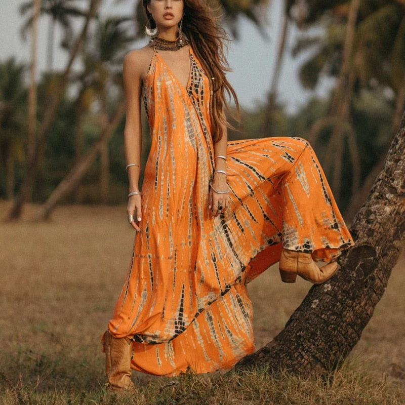 vmtvr - Women's Sexy Sleeveless Necktie Maxi Dress Backless Printed Summer Dress Halter Long Vestidos Boho Dyed Holiday Robes