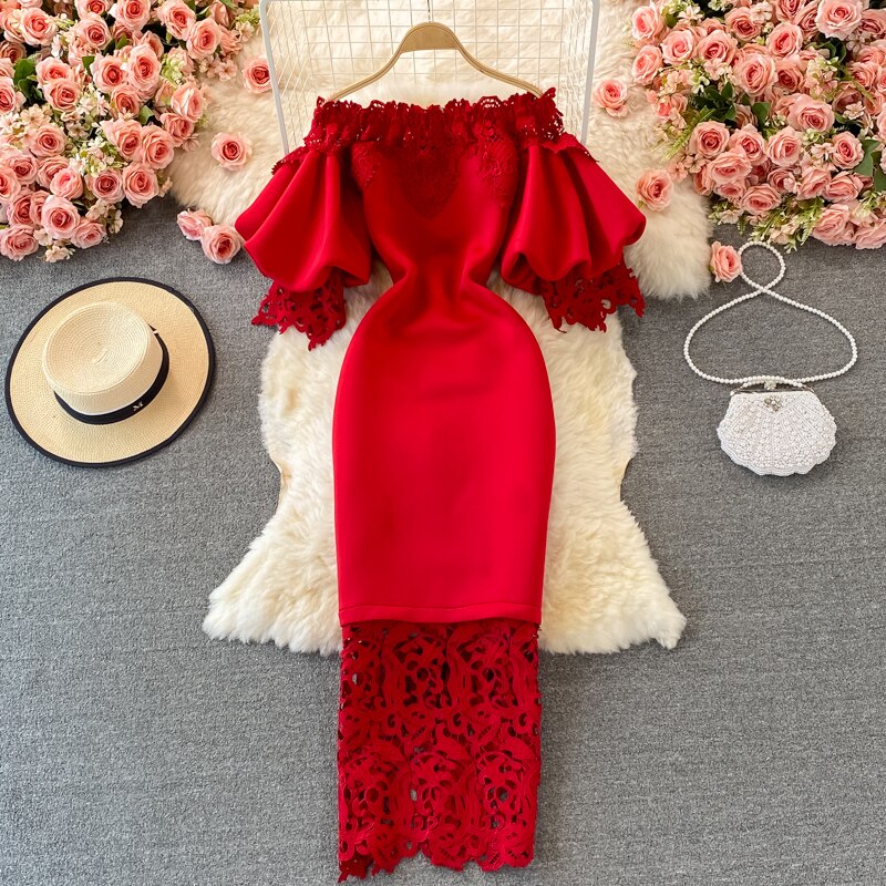 Off Shoulder Lace Evening Dresses Long Luxury Party Prom Lantern Short Sleeve White Bodycon Bandage Dress