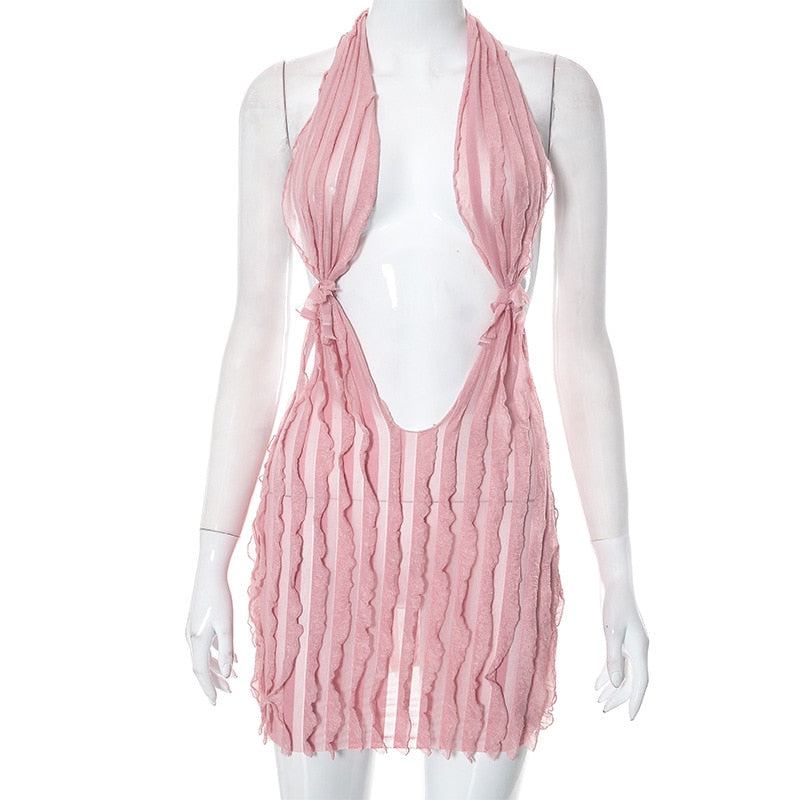 Sexy Halter Low Cut Backless Maxi Dress Women Sleeveless Pleated Slim Fit Robe Summer Beach Birthday Luxury Y2K Clothes