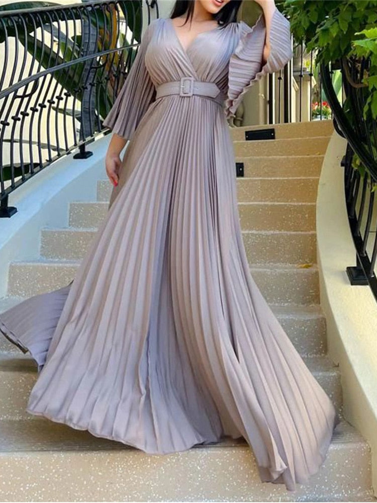 vmtvr Sexy V-Neck Pleated Dinner Party Dress Women Yellow Elegant with Belt Long Sleeve Robe Femme African Maxi Red Vestido