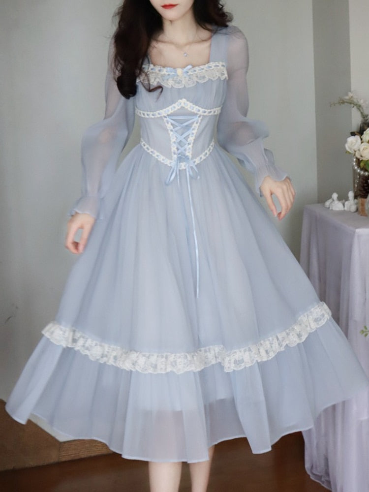 vmtvr - Summer French Elegant Lace Midi Dress Woman Long Slevee Korean Fashion Dress Casual Party Pure Color Vintage Dress Female