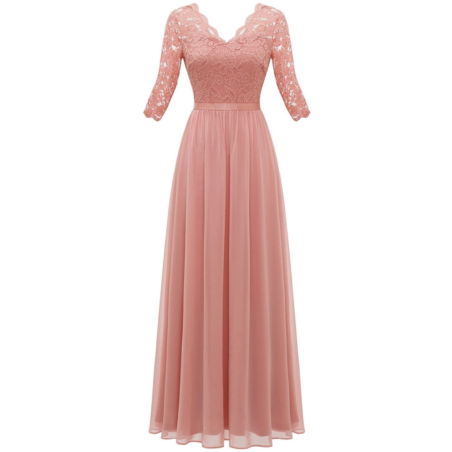 vmtvr Women's Elegant Vintage V Neck 3/4 Sleeve Floral Lace Chiffon Wedding Bridesmaid Maxi Dress Long Formal Dresses