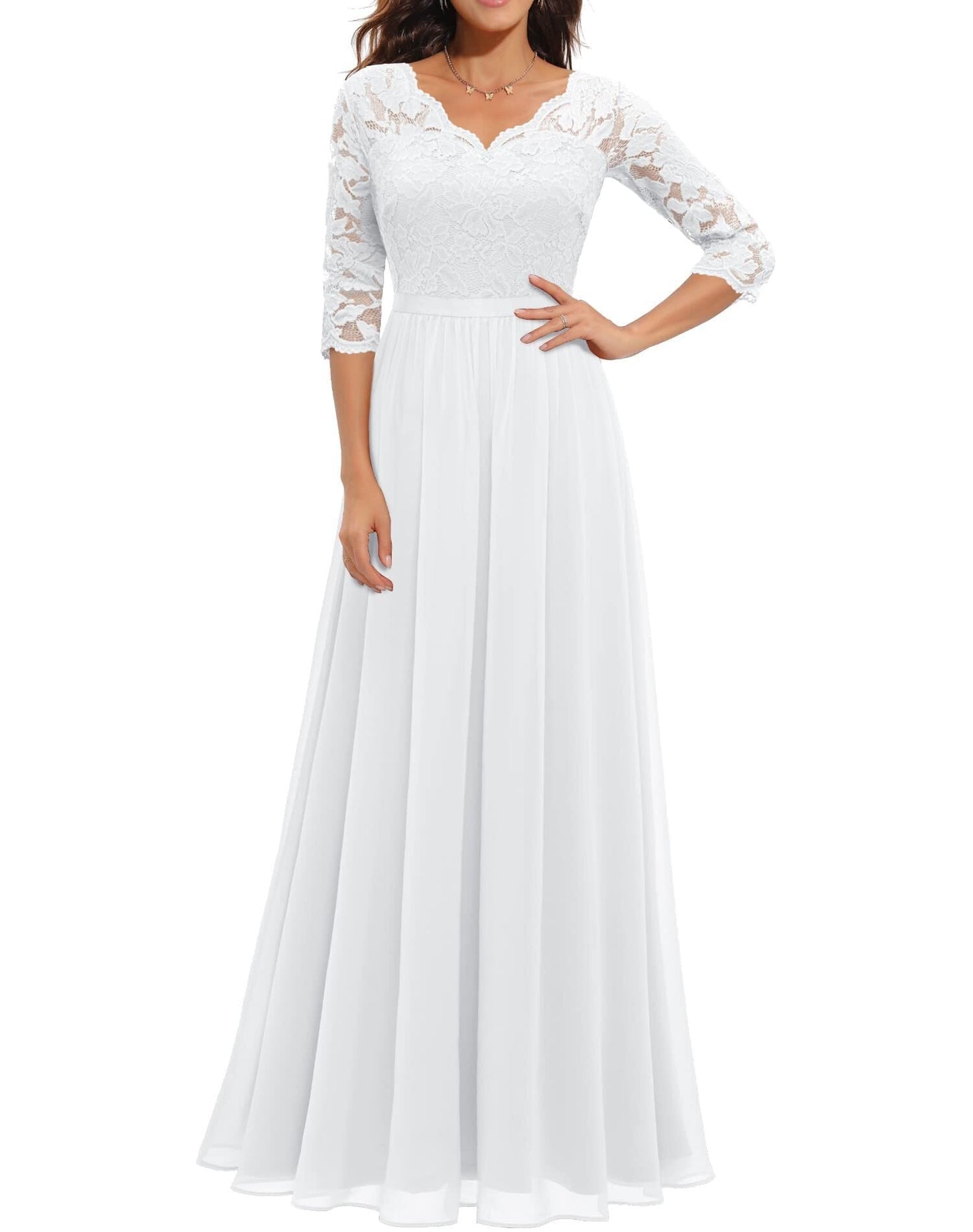 vmtvr Women's Elegant Vintage V Neck 3/4 Sleeve Floral Lace Chiffon Wedding Bridesmaid Maxi Dress Long Formal Dresses
