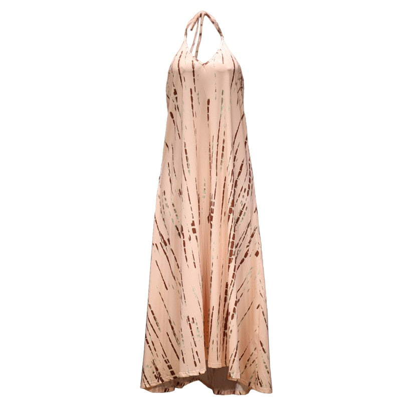 vmtvr - Women's Sexy Sleeveless Necktie Maxi Dress Backless Printed Summer Dress Halter Long Vestidos Boho Dyed Holiday Robes