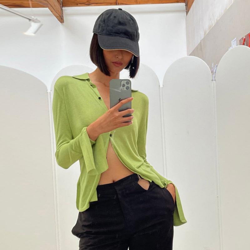 -Fall Outfits Long Sleeve Top Knitted Blouses Green Black White Spring Womens Fashion Y2k Shirts Button Up Cardigan Long Sleeve Tops