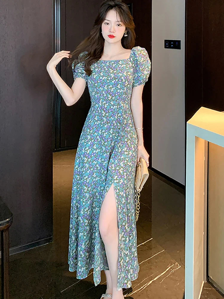 vmtvr 2024 Floral Chiffon Chic Square Collar Casual Beach Dress Summer Elegant Casual Prom Clothes Women Korean Fashion Evening Dress