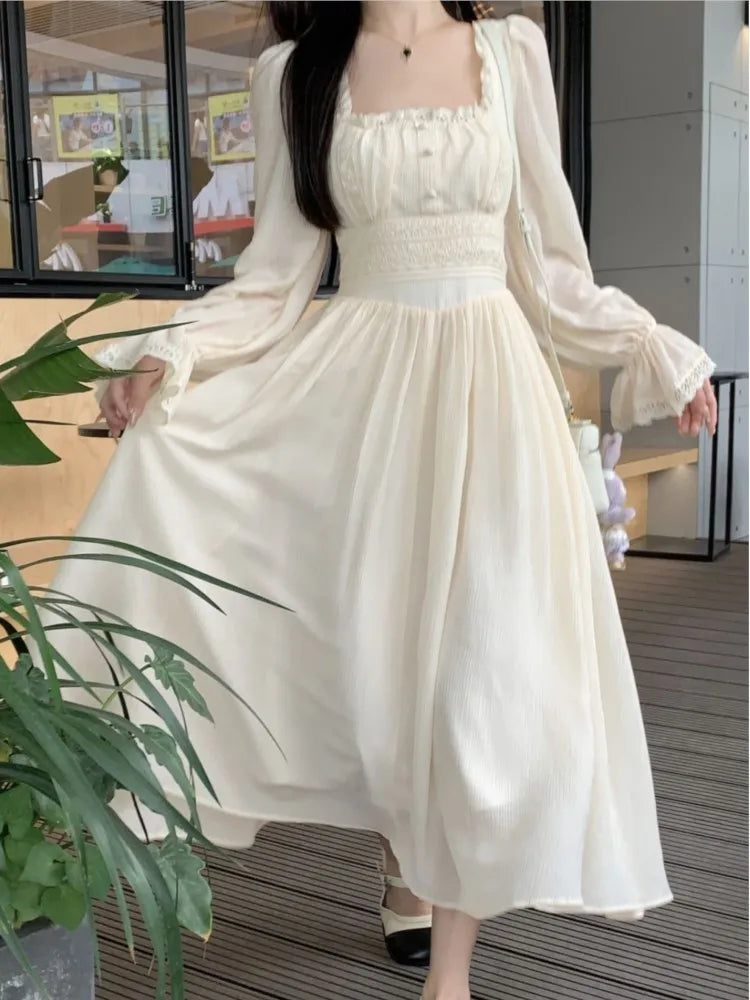 vmtvr Women French Princess Midi Dresses Summer Korean Lace Spliced Long Sleeve Vestidos New Fashion Evening Solid Clothes