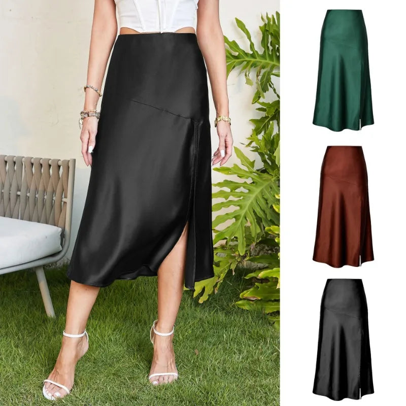 vmtvr Women Elegant Satin Skirt Elastic Waist A-Line Summer Slit Casual Solid Female Slim Falda Boho Holiday Beach Escocesas De Mujer