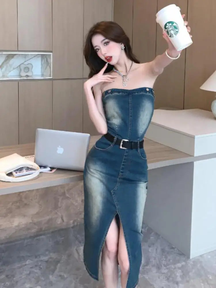 vmtvr Sleeveless Women Denim Suspender Dress Summer New Midi Blue Korean Fashion Strapless Streetwear Female Off Shoulder Slit Dresses