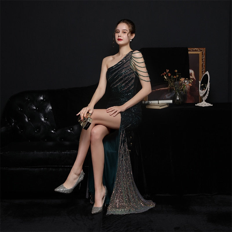 vmtvr - Elegant One Shoulder Slit Gold Sequin Evening Dress Women Beads Party Maxi Dress