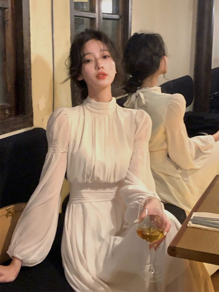 vmtvr - Spring Turtleneck White Midi Dress Women Long Sleeve French Elegant One Piece Dress Korean Fashion Y2k Clothing Design