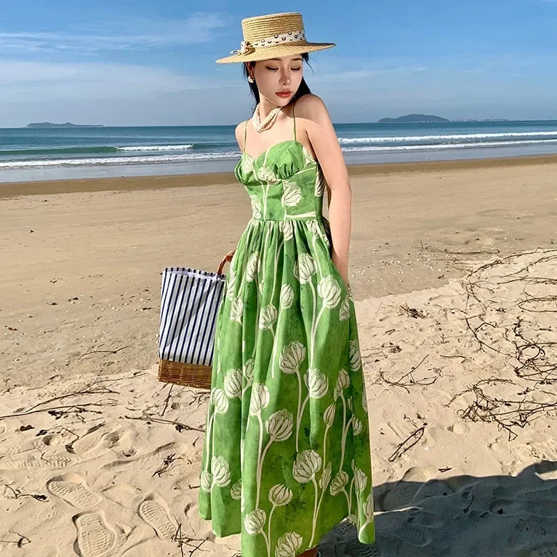 vmtvr 2024 New Summer Green Floral Vacation Dress for Women High Quality Female Korean Evening Clothing Long Sweet Boho Beach Dresses