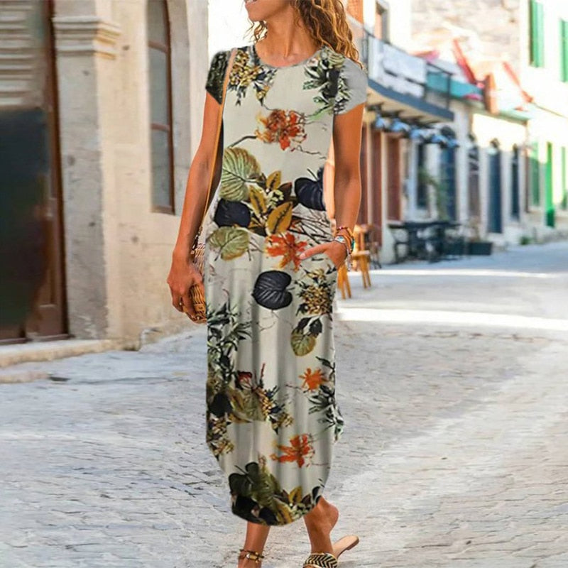 vmtvr - Elegant Women Maxi Dress Summer O Neck Short Sleeve Sundress Office Lady Party Dress Female Print A-Line Long Dress Vestido