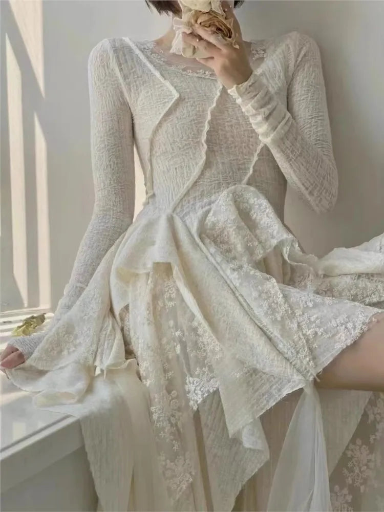 vmtvr - French Elegant Women's Vintage Dress Autumn Winter New Irregular Lace Splicing Evening Long Bridesmaid Party Dress