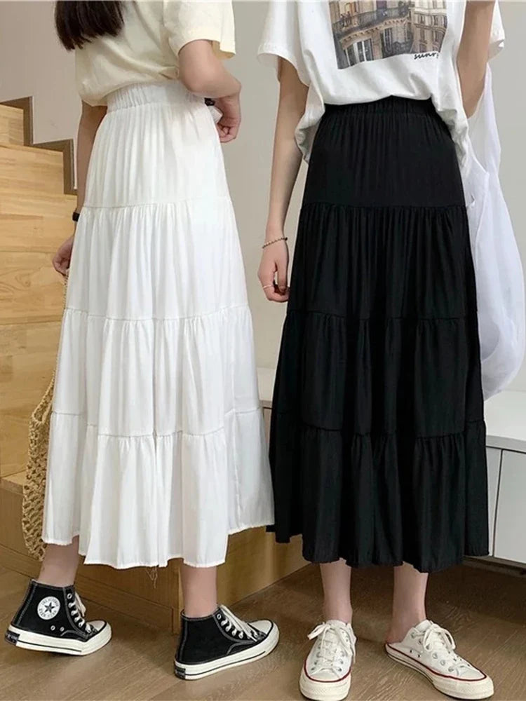 vmtvr Spring Summer Women Chiffon Skirts Vintage High Waist Elastic Patchwork White Black Chic Long Cake A-line Skirt for Student
