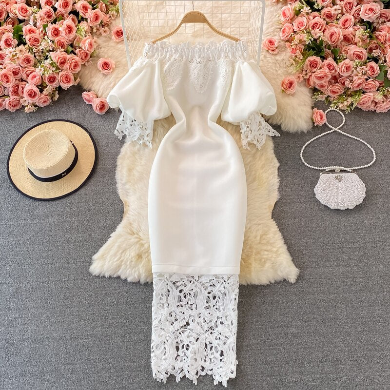Off Shoulder Lace Evening Dresses Long Luxury Party Prom Lantern Short Sleeve White Bodycon Bandage Dress