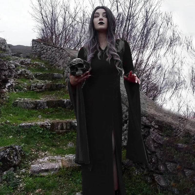 vmtvr - Halloween Party Long Dress Black High Waist Flared Sleeve Lace Cutout Gothic Maxi Dress Street Aesthetic Clubwear Maxi Dress