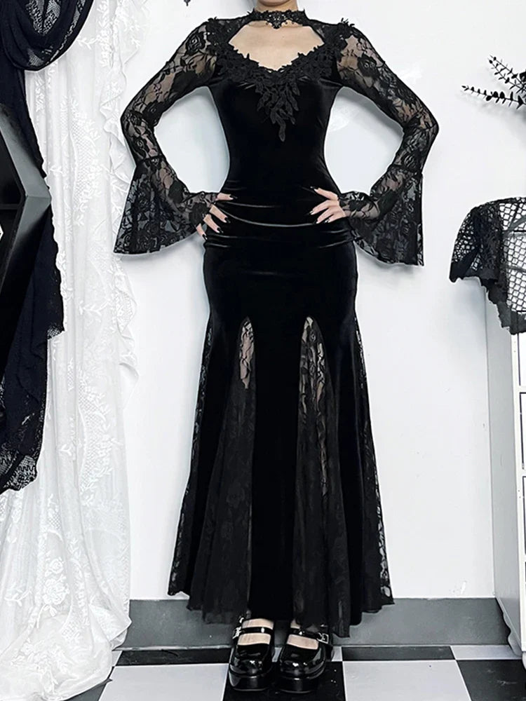 vmtvr - Mall Goth Lace Patchwork Fishtail Dress Women Retro Velet Transparent Embossed Long Sleeve Harajuku Ruched Lolita Dress