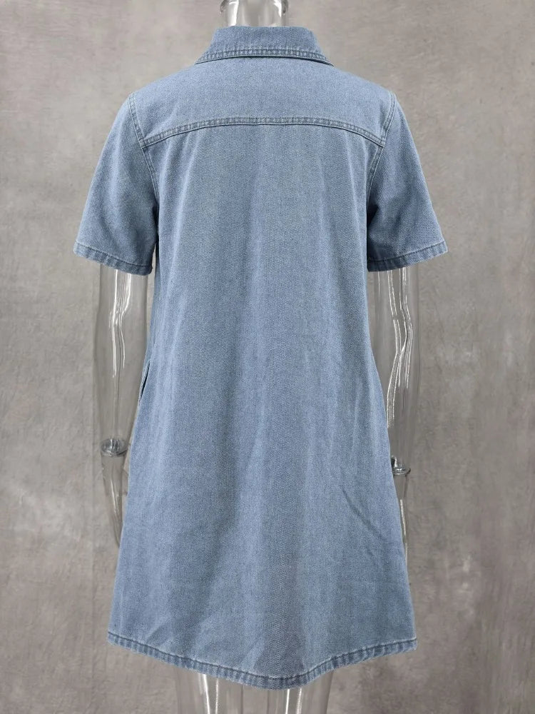 vmtvr Summer Blue Denim Mini Dress Women Fashion Turn-down Collar Loose A-line Dress 2024 Short Sleeve Casual Dress Streetwear