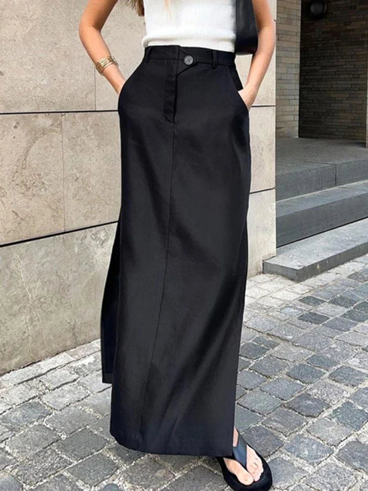 vmtvr Women's Vintage Elastic Waist Buttons Skirts Summer Female Casual Cotton Black Split Long Skirts