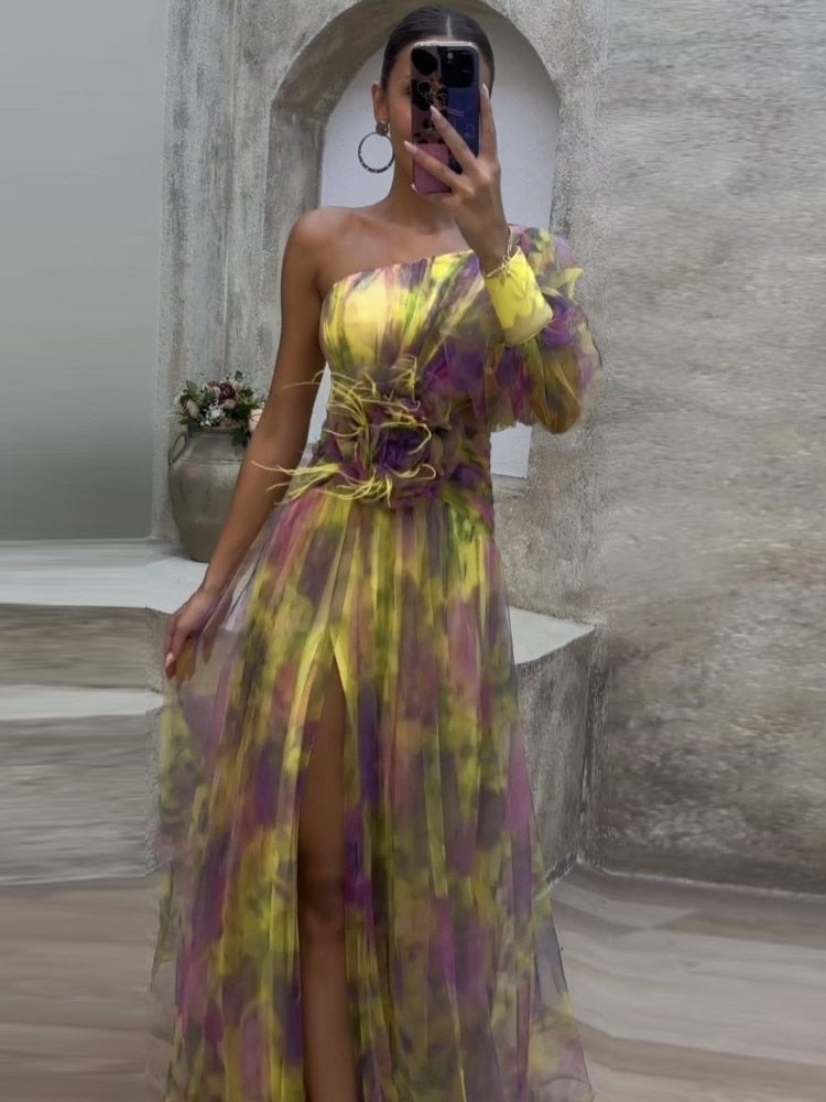 vmtvr - Elegant Tie-dye Print Dress Women Fashion Oblique Shoulder Pleated Long Dresses 2023 Summer Autumn Lady Party Evening Vestidos
