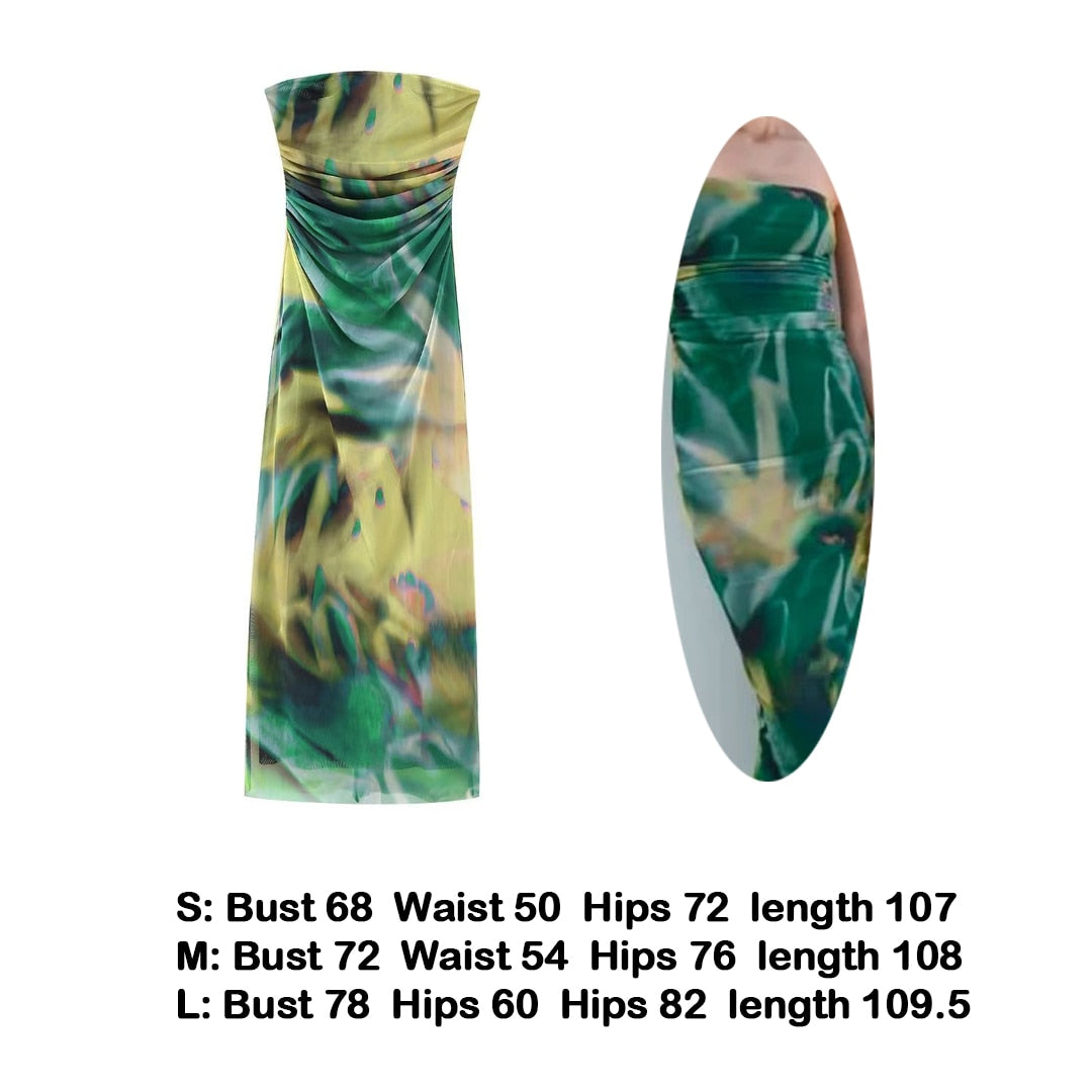 vmtvr Sexy Strapless Women Summer Dress Y2K Fashion Printed Slim Maxi Beach Dress Elegant Mesh Sleeveless Vacation Party Outfis