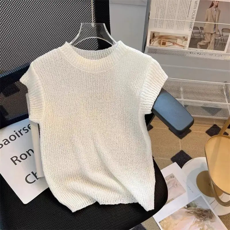 vmtvr Korean Minimalist Summer T-Shirts Women Round Neck Solid Color Screw Thread Short Sleeve Fashion Slim Fit Short Knitted Tops