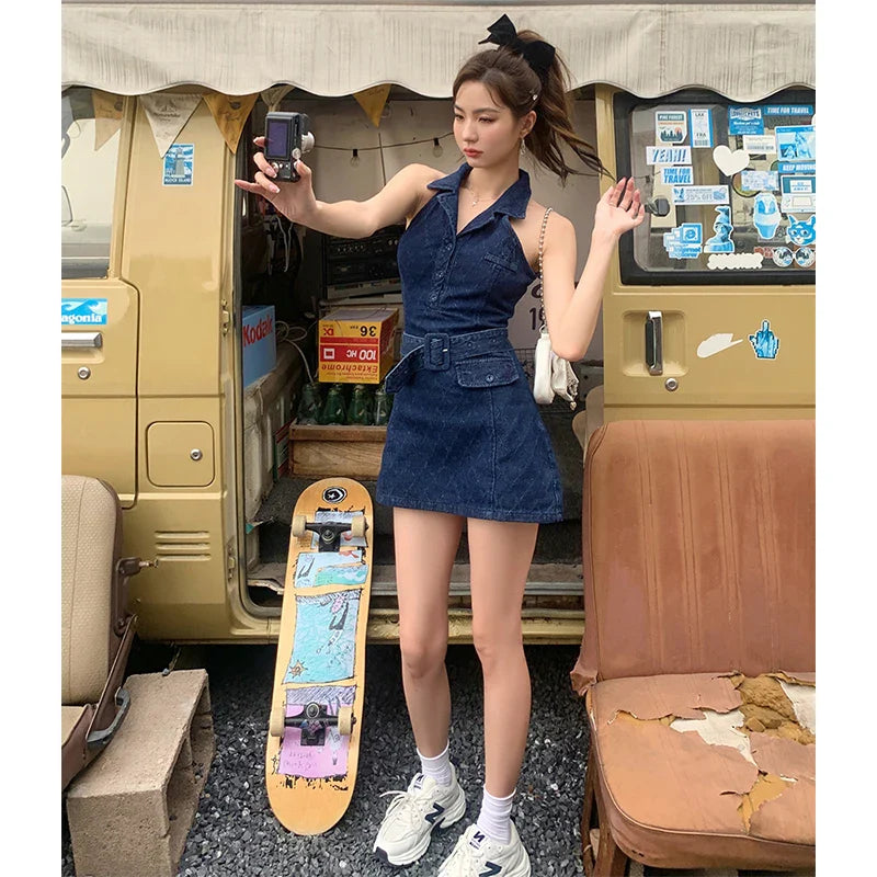 vmtvr - Sleeveless Polo Collar Denim Mini Dress