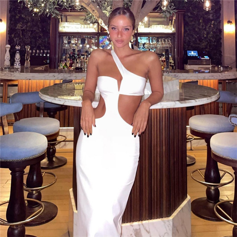 White Long Summer Dress Women Sexy Cut Out Slim Evening Party Dress Fashion One Shoulder Vacation Beach Maxi Dresses New