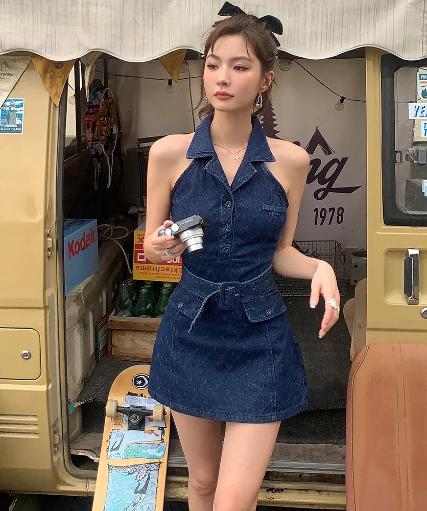 vmtvr - Sleeveless Polo Collar Denim Mini Dress