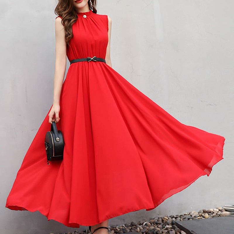 Simple Elegant Ladies Sleeveless Black Red Chiffon Long Dresses Women's Summer Fashion Ruffled Halter High Waist Maxi Dress Robe
