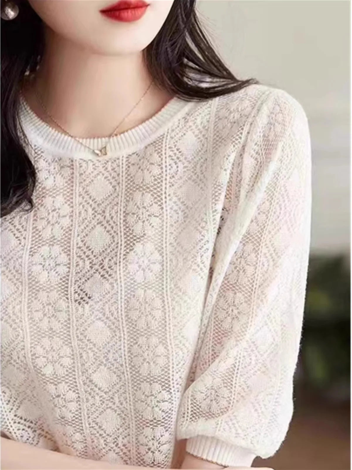vmtvr European goods new hollow thin short-sleeved knitwear women's summer loose temperament round neck half-sleeved T-shirt