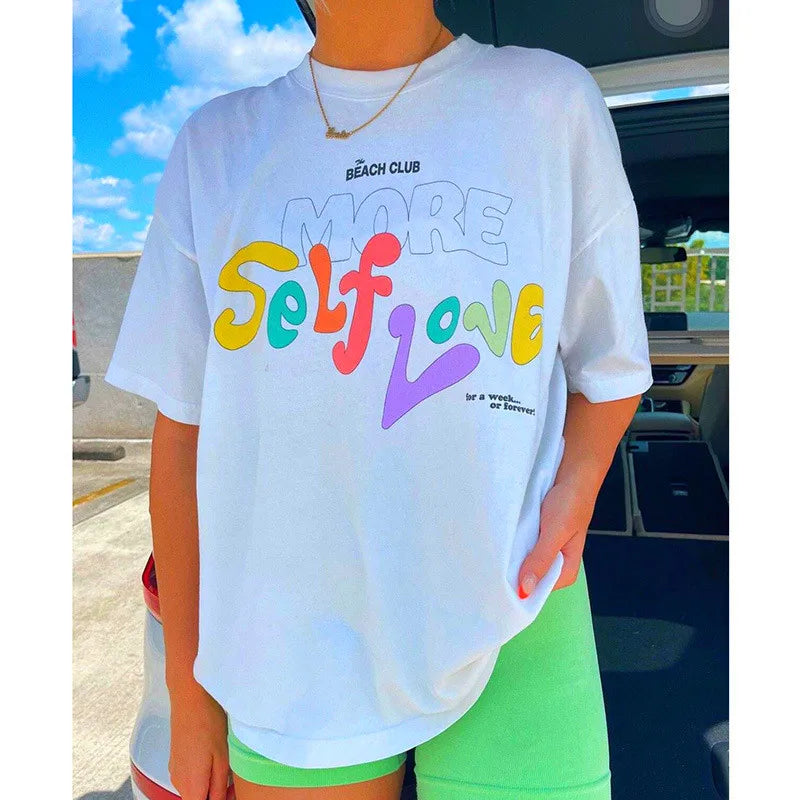 -Retro sports style outfit streetwear 90s fashion Women Graphic Printing Self Love White Loose T shirts Short Sleeve Cotton Vintage Top Summer Ins Fashion Y2K Street Shirts