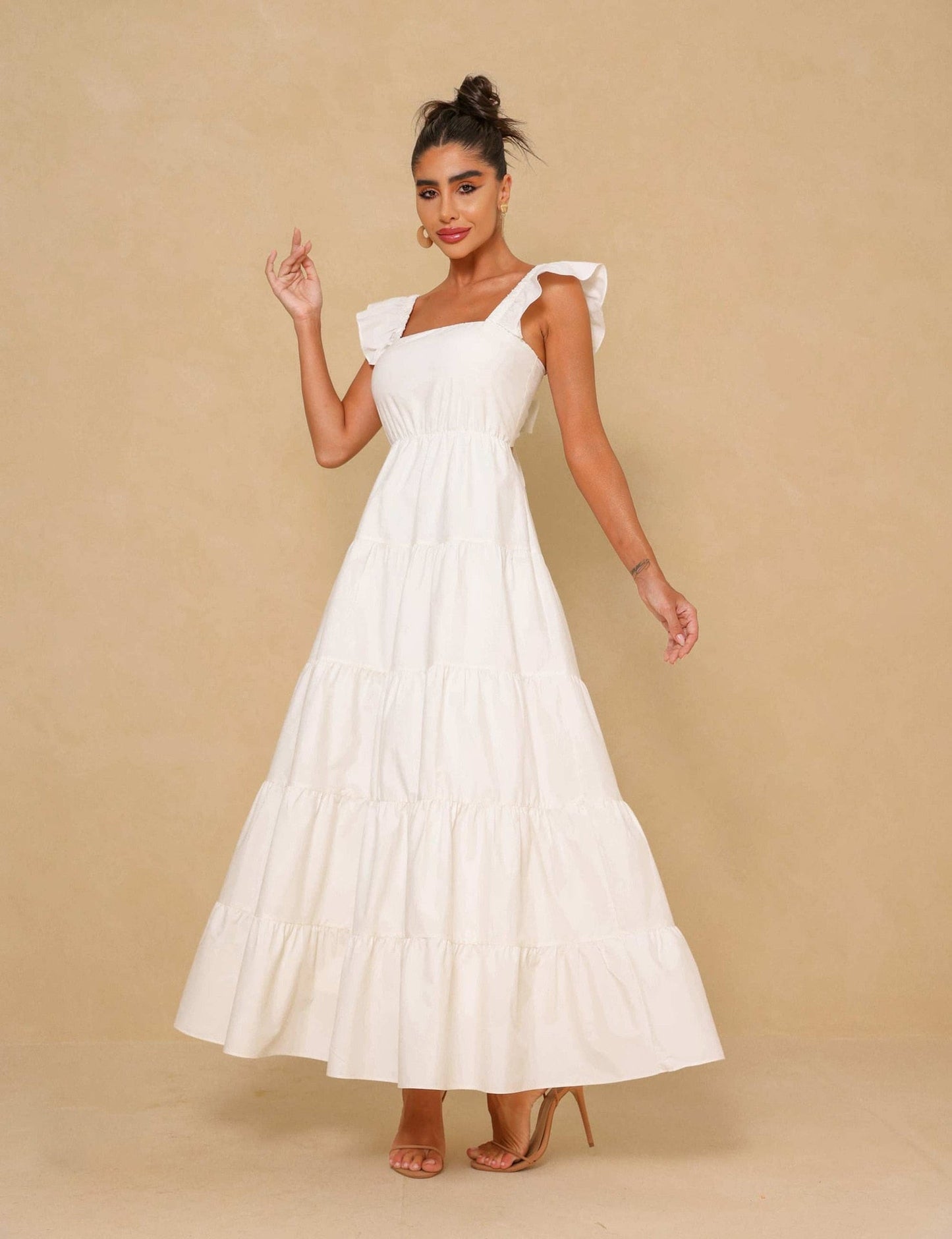 vmtvr Women Ruffles Flare Shoulder Slash Neck Tierred Bowknot Backless Maxi Long Big Swing Dress Fashion Dresses Vestidos