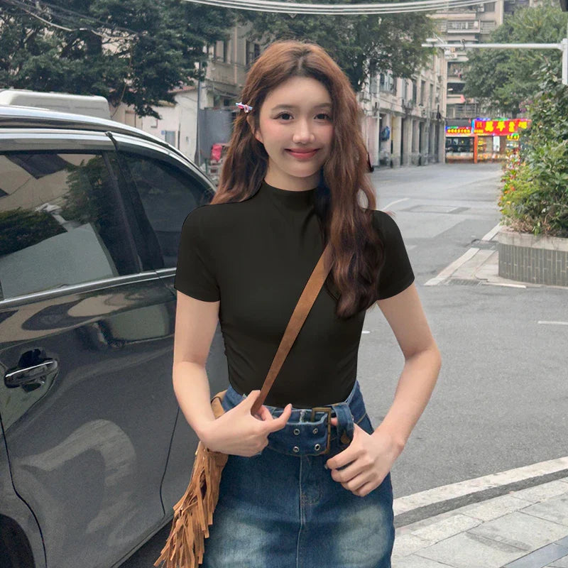 vmtvr Short Slim Turtleneck Pullover Inner Bottom Shirt Women Summer Spice Girls Design Tight Short Sleeve t-shirt Tops Soft