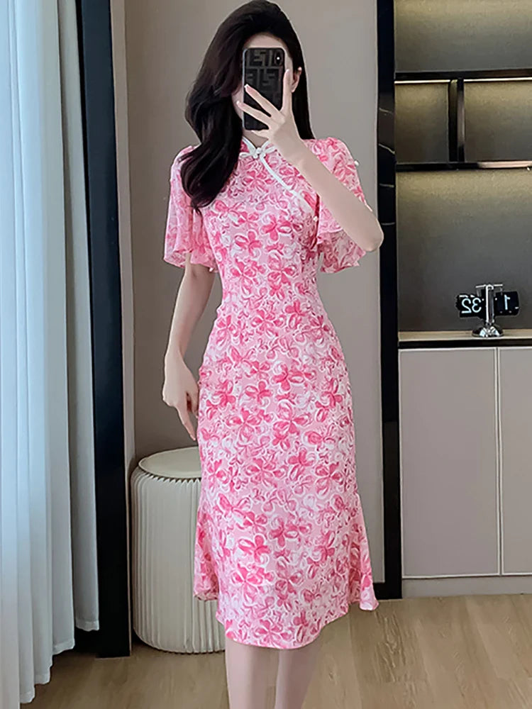 vmtvr 2024 Pink Floral Chic Casual Holiday Dress Summer Short Sleeve Bodycon Elegant Evening Dress Women Korean Fashion Party Vestidos