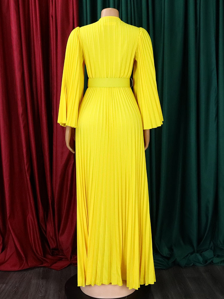 vmtvr Sexy V-Neck Pleated Dinner Party Dress Women Yellow Elegant with Belt Long Sleeve Robe Femme African Maxi Red Vestido