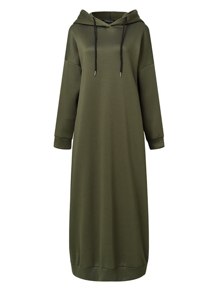 Women Muslim Dress Sweatshirt Dress Stylish Hoodies Long Sleeve Maxi Dress Female Casual Solid Hooded Vestidos Robe
