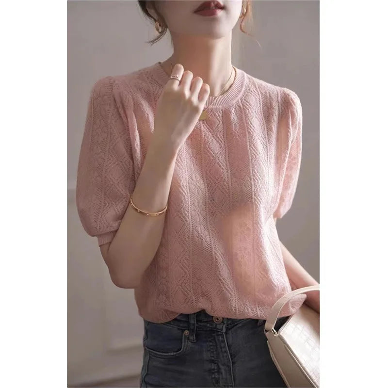 vmtvr European goods new hollow thin short-sleeved knitwear women's summer loose temperament round neck half-sleeved T-shirt