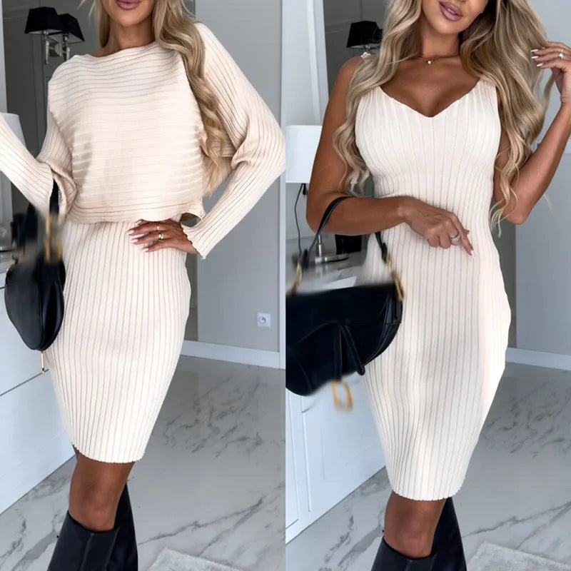 vmtvr Trendy Sexy Solid Rib Women Suit Dress Fall V-neck Sling Bodycon Dress With Knitted Sweater Winter Long Sleeve Warm Office Dress