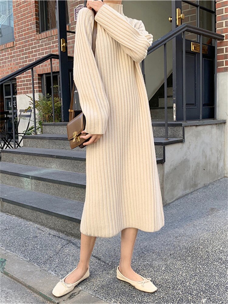 Thick Winter Women'S Dress Fall Sweater Women Dress Long Sleeve Knitted Dresses Maxi Vintage Oversize Dresses Knitting