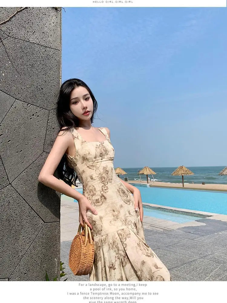 vmtvr Rose Floral Printing Ruffles Slip Long Dresses Bohemian Backless Sleeveless Women Summer Beach Travel Party Wear Ladies Vintage