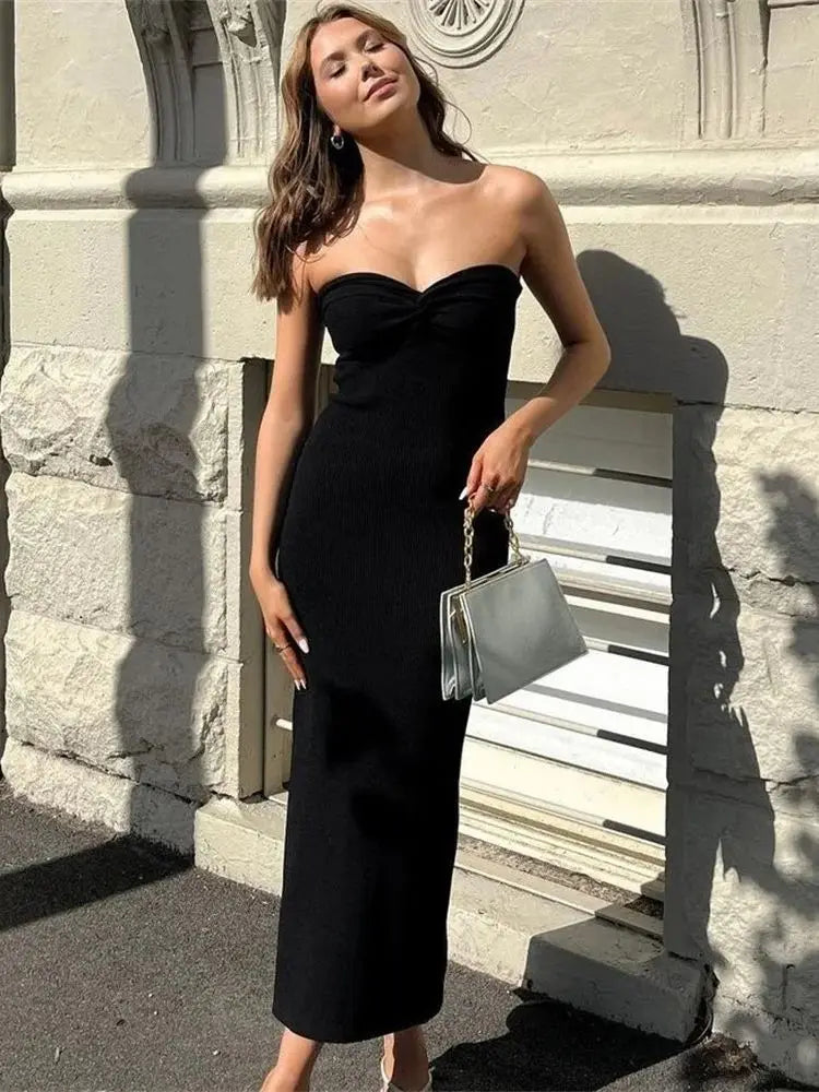 vmtvr 2024 Strapless Knit Maxi Dresses Evening Backless Dress For Women Summer Beach Party Bodycon Dress Off Shoulder Twist Knitting