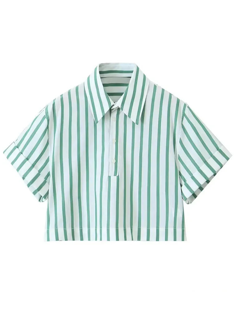 vmtvr New Summer Casual Striped Shirt Suit Women Short Sleeve Lapel Pullover Top +Elastic Waist Lace Up Pants 2024 Spring New
