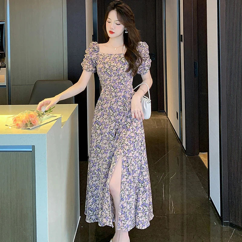vmtvr 2024 Floral Chiffon Chic Square Collar Casual Beach Dress Summer Elegant Casual Prom Clothes Women Korean Fashion Evening Dress